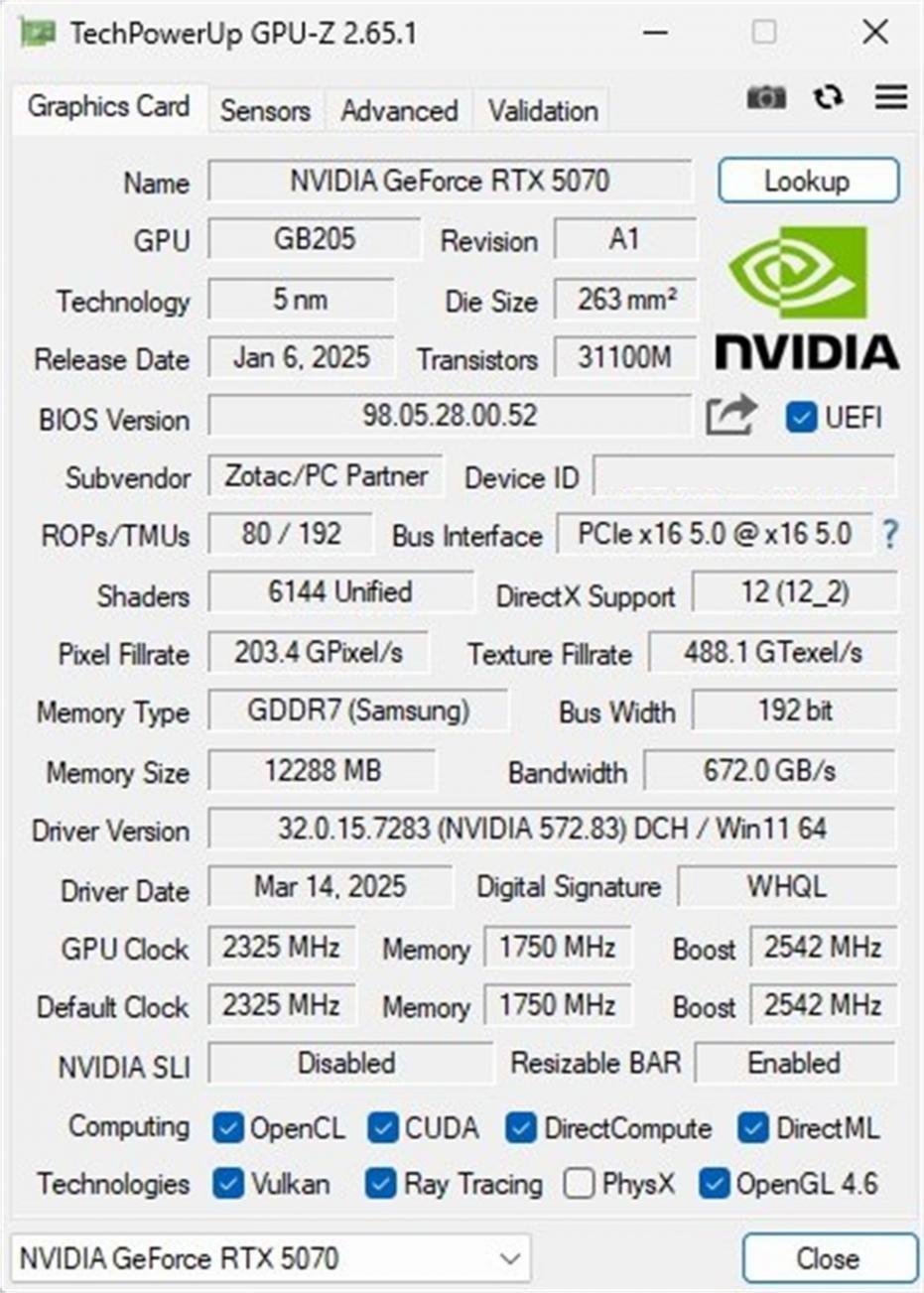 索泰(ZOTAC)GEFORCE RTX 5070 12GB XGAMING顯卡測(cè)試